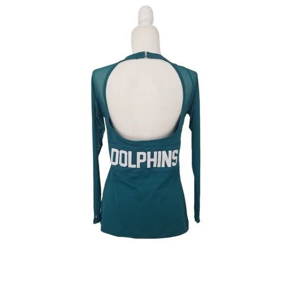 NFL MIAMI DOLPHINS WOMENS TOP LONG SLEEVE BACKLESS SPORTY SEXY CHIC TEAL SIZE L - Picture 2 of 7